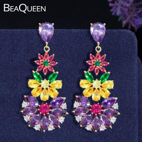 BeaQueen New Yellow Purple Red Colorful Cubic Zircon Crystal Long Flower Drop Gold Color Earrings for Women Bohemia Jewelry E316
