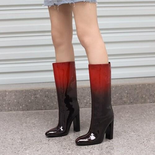 Fashion gradient patent leather women shoes autumn winter chelsea high heel female knee high boots ladies rain snow boots red