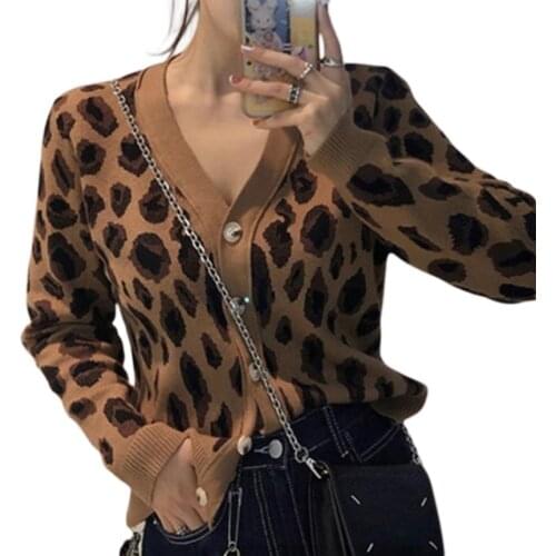 Womens Button Down Sweater Casual Long Sleeve V Neck Leopard Print Loose Knit Cardigan