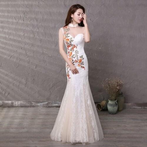 Female Sleeveless Mermaid Slim Long Birthday Party Evening Dress White Embroidery Party Dresses Women Evening A351