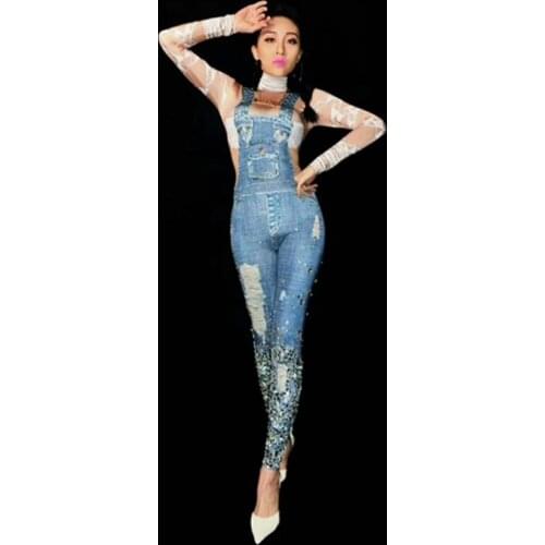 Bright Stones Jeans Printed Jumpsuit Rhinestones Skinny Leggings Nightclub Show Womens Party Prom DS Outfit Stage Wear Female