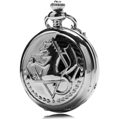 New Silver Tone Fullmetal Alchemist Pocket Watch Cosplay Edward Elric with Chain Anime Boys Gift Wholesale