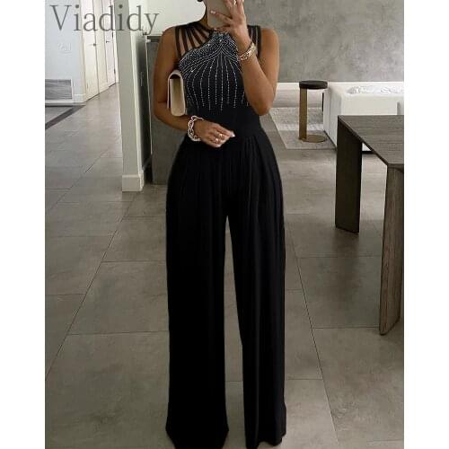 Womens Studded Hollow Ruched Wide Leg Jumpsuit Elegant O-Neck Sleeveless Floral Print Romper Pants Office Lady Casual Wear