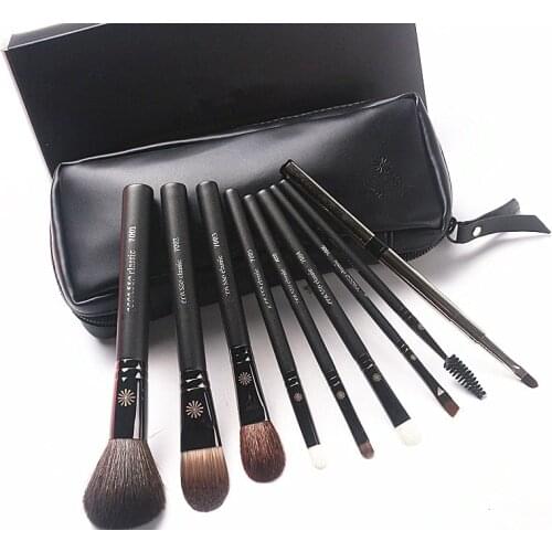 Korean Fashion 9Pcs Goat Hair Makeup Brushes with Leather Case Professional Eyebrow Lip Nose Eyelash Make up Brush Kit Gift