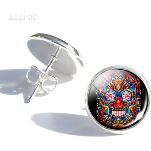 Fashion Colorful Sugar Skull Glass Cabochon Stud Earrings Men Women Mexico Day Of The Dead Earrings Halloween Jewelry Gifts