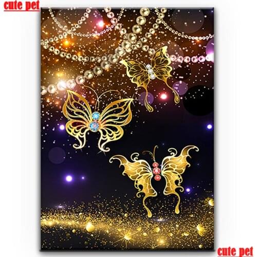 Cute pet full Square round drill Diy diamond painting Abstract fantasy Golden Butterfly cross stitch 5D Embroidery Decoration