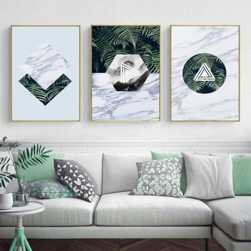 Nordic Geometric Plant Wall Art Canvas Painting Green Tropical Leaf Poster Print Marble Texture Picture Living Room Home Decor