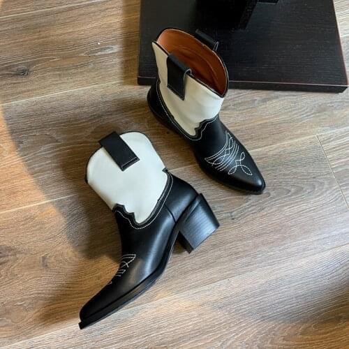 Osunlina Cowboy Boots Handmade Genuine Leather Pointed Toe Sexy Ankle Boots Square Heels Fashion Embroider Shoes Woman A013