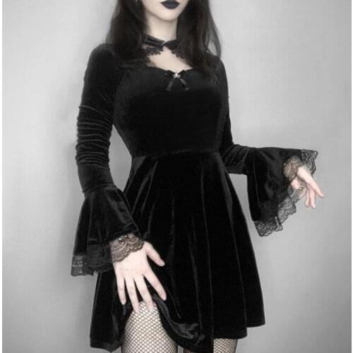 Ruibbit Goth Aesthetic Vintage Lace Up Dresses Grunge Lace Patchwork Flare Sleeve Black Dress Y2K Punk Autumn Clothes