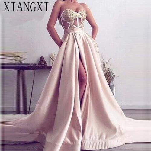 Blush Pink Simple Prom Dress High Leg Split with Pockets Gold Appliques see through back Special Formal Maxi Gowns Vestido Noiva