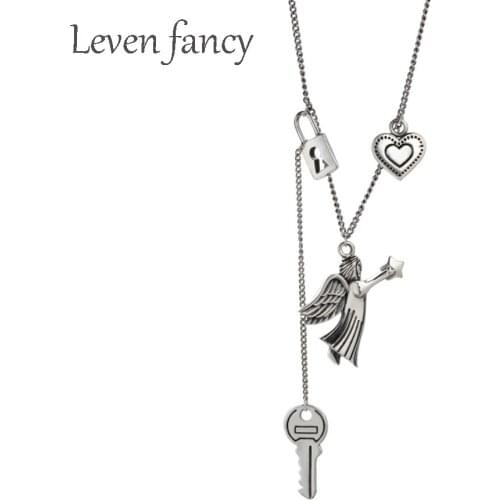 S925 Sterling Silver Love Angel Heart Key Lock Rock Harajuku Style Necklace for Women Wedding Anniversary Necklace Girls Gifts