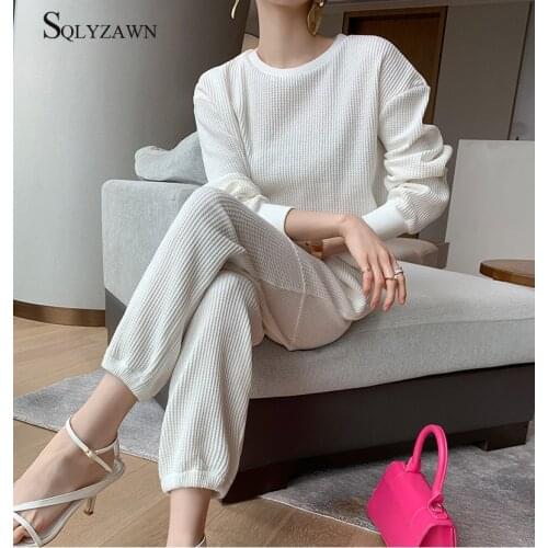 Summer Autum Knitted 100% Cotton Sporty Sweatsuit Women Fashion Breathable Sweatshirt + Harem Pants Outfits Casual Office Lady
