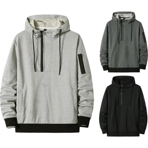Mens Hooded Sweatshirt Long Sleeve Pullover Hoodies with Drawstring Zipper Casual Loose Tops for Outdoor Sports