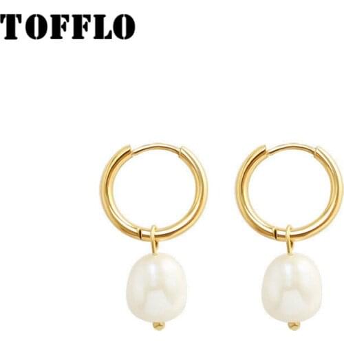 TOFFLO Stainless Steel Jewelry Freshwater Pearl Ring Autumn Winter Earrings Fashion Earrings Women BSF340