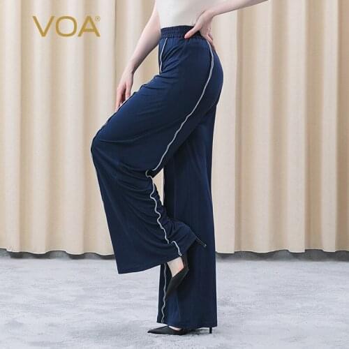 VOA Streetwear Silk Navy Blue 33 M/m Heavy Knitted Elastic Waist Plus Size Business Commuter Casual Straight Pants Women KE316