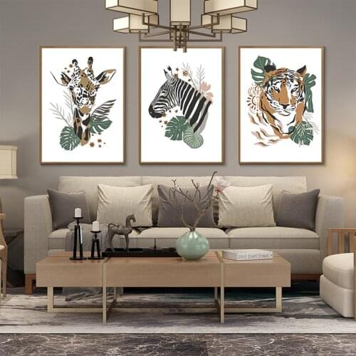 Wall Art Abstract Animals Leaves Paintings Nordic Zebra Tiger Giraffe Poster Prints for Living Room Bedroom Corridor Decoration