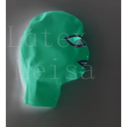 Apple green Fetish latex hoods with open eyes nostrils and mouth for adults