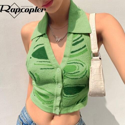 Rapcopter Paisley Green Corset Top Turn Down Collar Knitwear y2k Crop Top Vintage Button Up Camis V Neck Beach Style Tank Tops