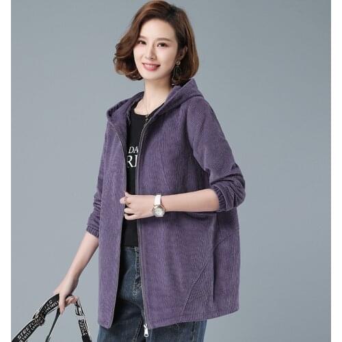 Plus Size Corduroy Jackets Women 2021 Spring Autumn Solid Color Loose Outwaer Female Casual Middle-Aged Mother Hooded Overcoats