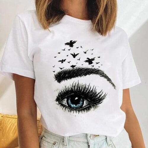 Women Eyelash Watercolor Eye Funny Female Short Sleeve Cartoon Print Cute Ladies Tees Tshirt Clothes Tops Graphic T-Shirt