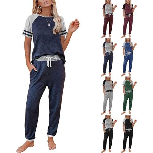 Two-piece Sets New Women Tops+Pant Tracksuit Striped Patchwork O-neck Short Sleeve Loose T-Shirts with Long Pants Harem Trousers
