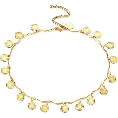 Coin Necklace Choker for Women Stainless Steel Tiny Disc Textured Pendant Chain Necklace Adjustable Bohemian Gift