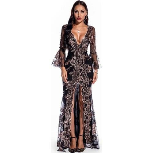 Ziamonga Flare Long Sleeve Sequined Stretchy Party Dresses Hollow Out Split Leg Floor Length Bodycon Long Dresses