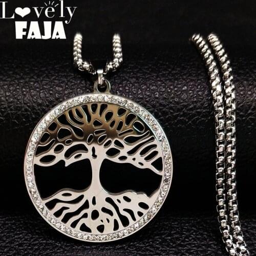 2021 Fashion Crystal Stainless Steel Statement Necklace for Women Silver Color Tree of Life Necklaces Jewelry bijoux femme N1859