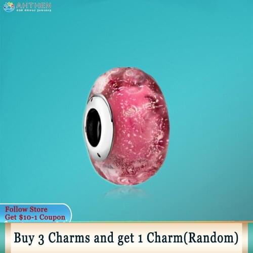 Ahthen 925 Sterling Silver Beads Wavy Fancy Pink Murano Glass Charms fit Original Pandora Bracelets for Women Jewelry Making