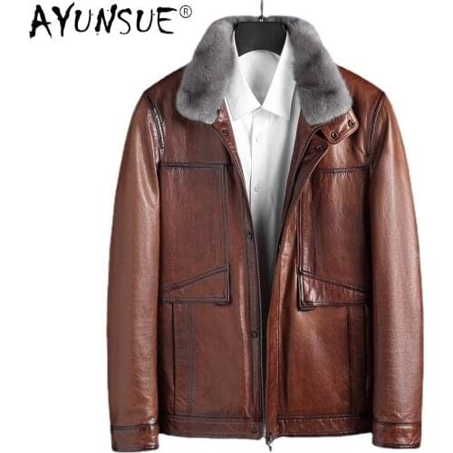 AYUNSUE 100% Genuine Sheepskin Leather Jacket Men 2021 Grey Mink Fur Collar Coat for Men White Duck Down Parkas Jaquetas Gxy259