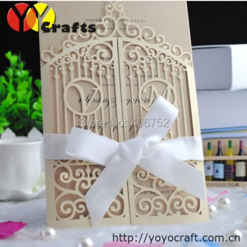 Free shipping elegant champagne gold rectangle folded wedding laser cut gate invitations with custom monograms