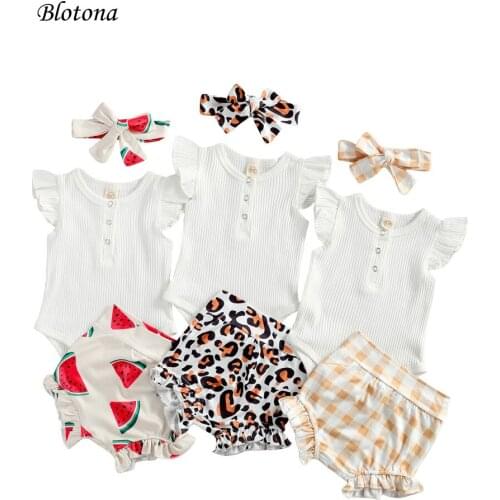 Blotona Newborn Baby Clothing Set, Solid Color Ribbed Romper and Print Shorts and Headwear 3Pcs Suit for Birthday Party 0-18M