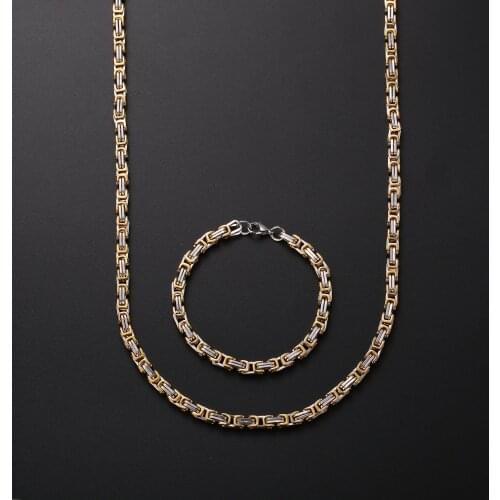 2021 New Width 5MM 316L Titanium Steel Plated Gold Emperor Chain Necklace Bracelet Fashion Jewelry Set For Men best gift