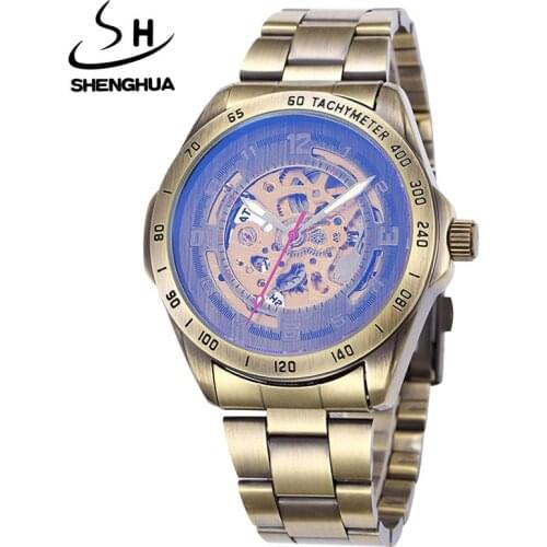 Relogio masculino SHENHUA Watches Men Fashion Vintage Bronze Skeleton Automatic Self Wind Mechanical Watches Men Wrist Watches