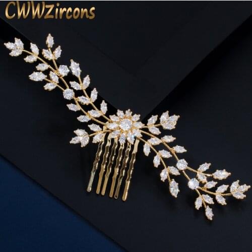 CWWZircons Gorgeous Yellow Gold Cubic Zirconia Leaf Flower Wedding Party Bridal Hiar Comb Headpiece Jewelry Accessories A020