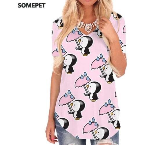 SOMEPET Penguin T Shirt Women Animal T-shirts 3d Pink V-neck Tshirt Lovely Tshirts Printed Womens Clothing Summer Loose Style
