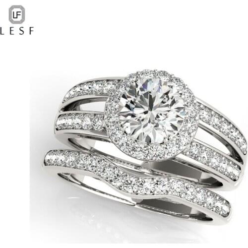 LESF Lucury 1.0 Carat Round Cut Big Halo Engagement Ring Women 925 Sterling Silver Wedding Band Ring Sets