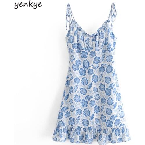 Summer Sling Sexy Dress Women Vintage Floral Print Dress Fashion Lady Sleeveless V Neck A-line Mini Chiffon Dress Vestido
