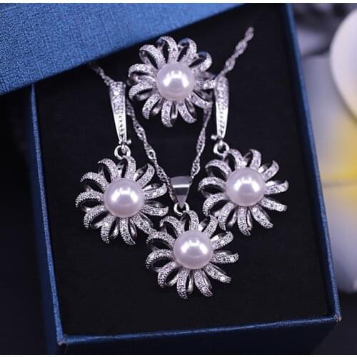 Small daisies White Freshwater Pearl Silver Color Jewelry Set For Women Drop Earrings Ring Necklace Set Fast Shipping