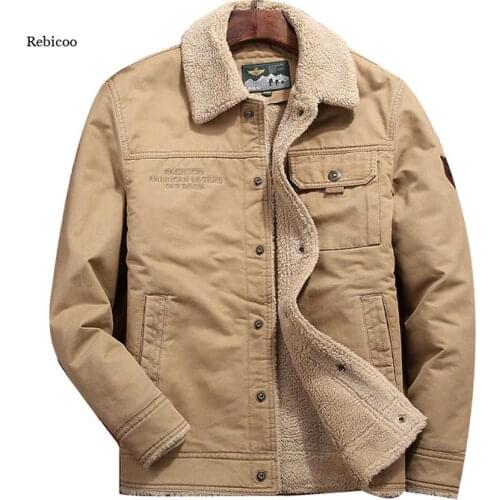 Mens Cotton Denim Winter Jacket New Fleece-Lined Thickened Warm Coat Casual Khaki Green Lamb Parka Men Trendy Jacket