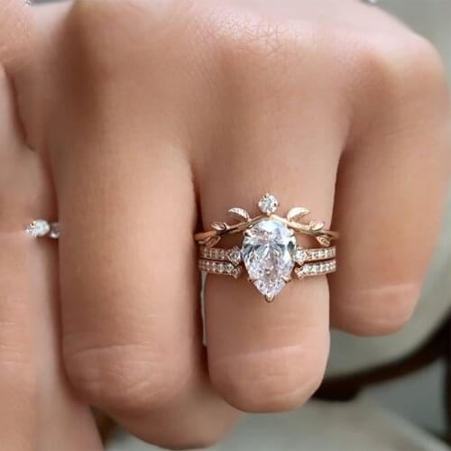 Milangirl 3 Pcs/set Ladies Classic Leaves Water Drop Crystal Zircon Rhinestone Female Metal Ring Set for Women Party Jewelry