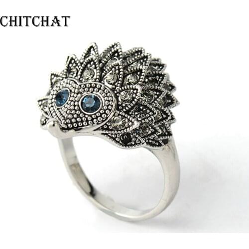 Neo Gothic Punk Ring Vintage Jewelry Black Hedgehog Female Ring With Rhinestones For Hands Finger Animal Rings