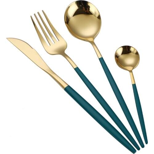 Stainless Steel Golden Black Luxury Dinnerware Knife Fork Spoon Set Kitchen Cutlery Mirror Polishing Set 4Pcs Safe Cutlery