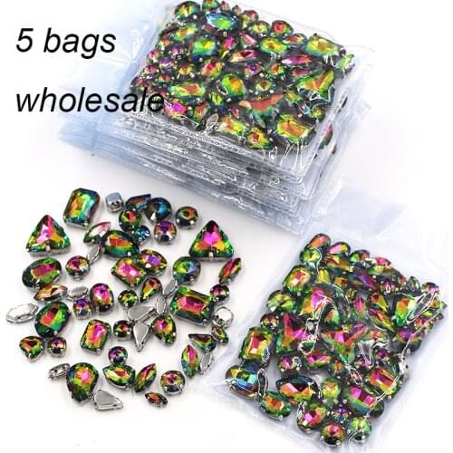 New arrival Wholesale 5 bags mixed shape sew on glass crystal Rainbow rhinestones for clothing/dress