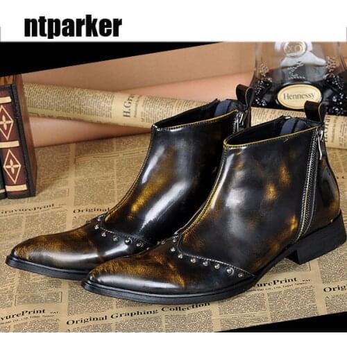 Ntparker Italian Style Men Leather Boots Shoes Pointed Toe Bronze Mens Ankle Boot Fashion Dress Party Botas, Size EU38-46