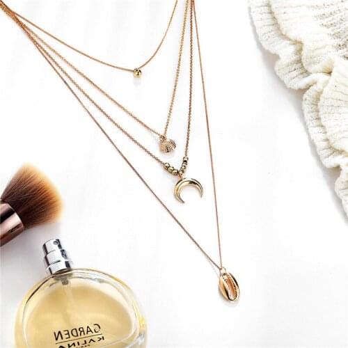 Fashion Gold Color Crescent Moon Shell Pendant Necklace Women Choker Vintage Multi Layered Necklace Bohemian Jewelry