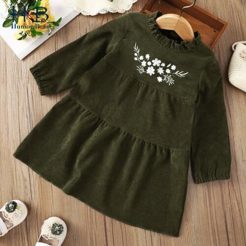 Humor Bear Girls Dress 2021 Spring Autumn Long Sleeve Corduroy Embroidery Princess Dress Solid Color Kids Clothes