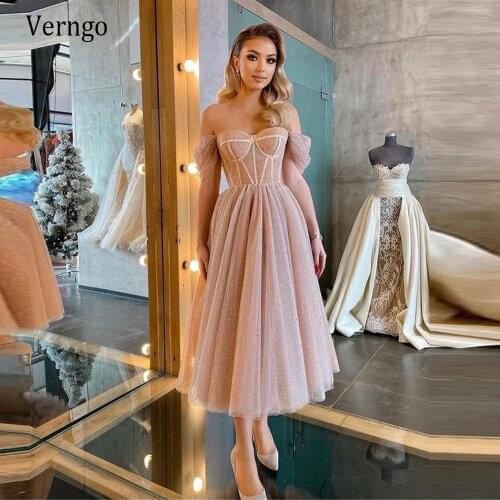 Verngo Dusty Pink Glitter Tulle Prom Dresses Off the Shoulder Short Sleeves Boning Tea Length Prom Gowns Formal Party Wear
