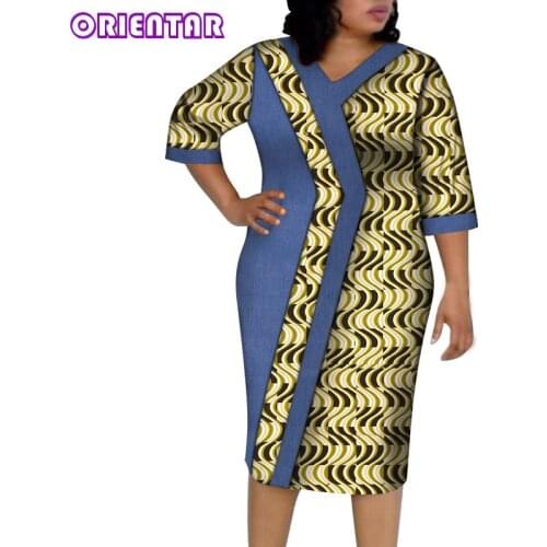 African Dresses for Women Plus Size African Print Dress V-neck Three Quarter Bazin Riche Midi Dress African Clothes 6XL WY5832