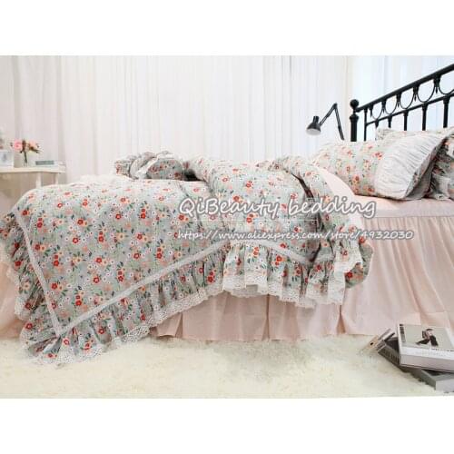 Luxury and comfortable garden small floral small fresh ruffled lace inlaid cotton cotton bedding